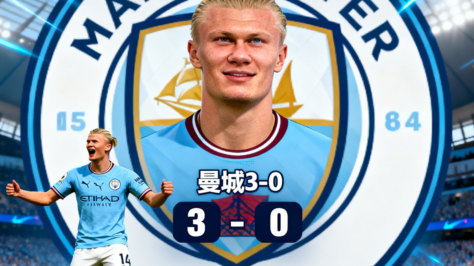 进球弹窗模拟图，显示曼城哈兰德破门，比分变为3-0，弹窗包含球员头像和庆祝动画